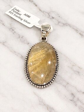 Golden Rutilated Quartz Pendant 925 Sterling Silver Oval Natural Stone Statement